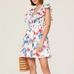 Peter Som Ruffled Floral Mini Dress - White, Blue, Red